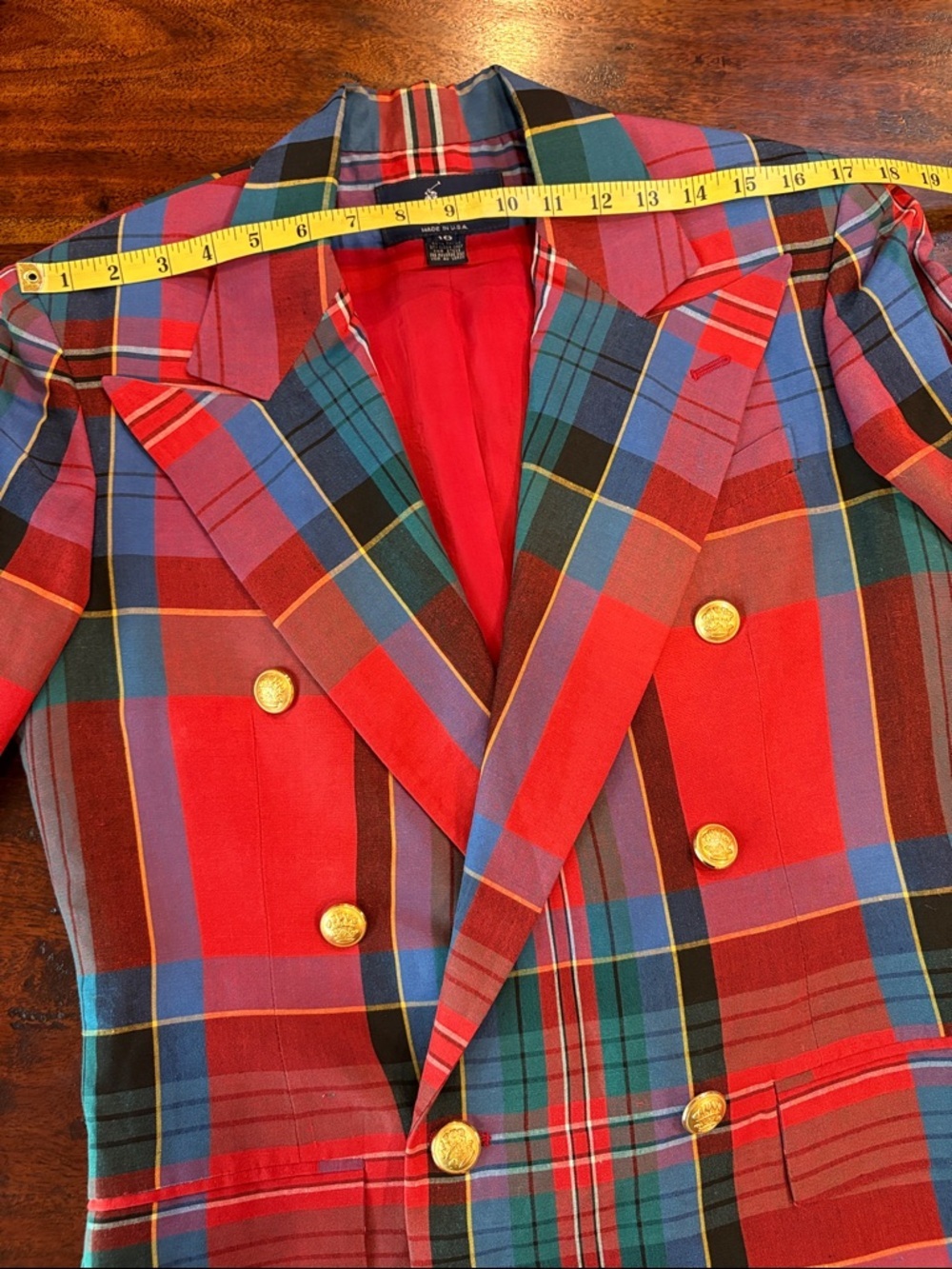 Vintage Ralph Lauren 80s Red Multi Plaid Double-Breasted Blazer Gold Buttons - Picture 14 of 16